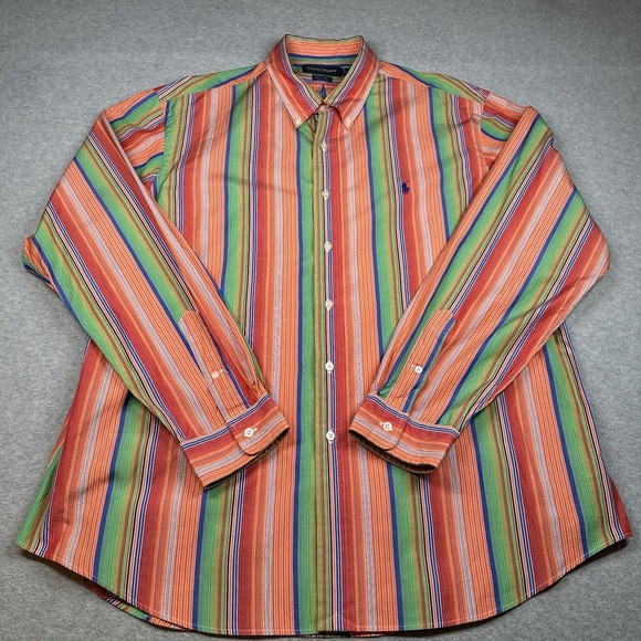 Vintage RL Golf Striped Button-Down Shirt Men's XXL 100% Cotton Orange/Green - Picture 2 of 7
